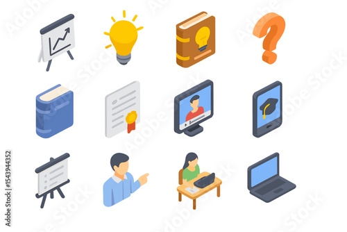 Isometric virtual learning icons with technology and education elements