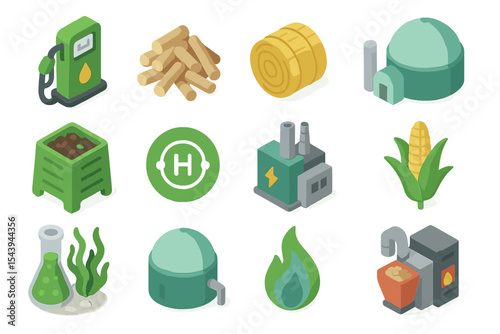 Eco-friendly biofuel icons with biomass and renewable energy elements
