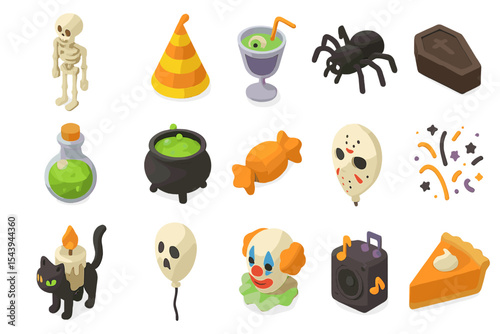 Colorful halloween icons: skeleton, cauldron, spider, pumpkin, candy, ghost