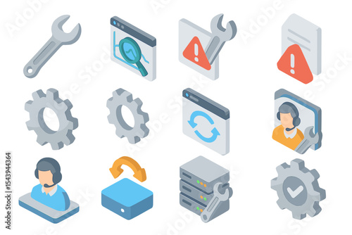 Isometric tech support icons with tools, gear, and contact symbols