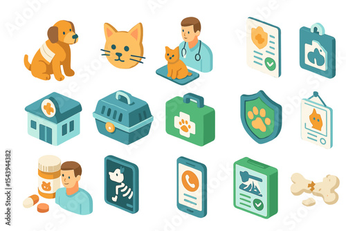 Pet care icons set with dogs, cats, and veterinary symbols