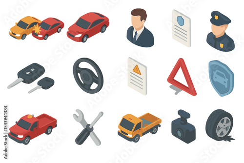 Car accident icons: male officer, keys, tools, documents, safety signs