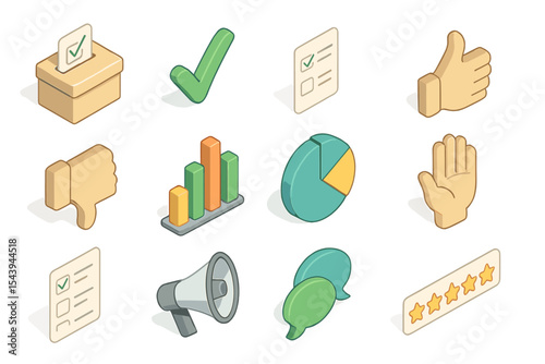 Isometric rating and feedback icons with checkmarks and graphs