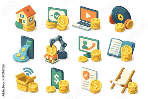 3d icons representing finance, technology, automation, and marketing concepts