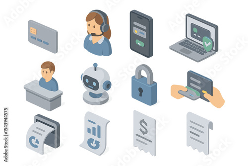 Isometric icons of technology and business tools for digital services