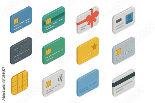 Colorful isometric credit and id card icons set on gradient background