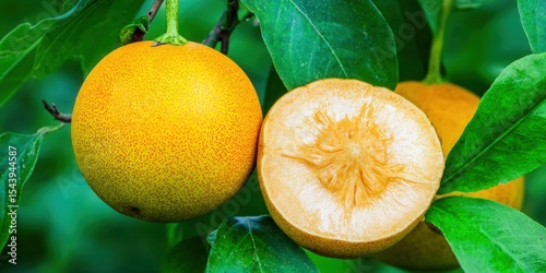 A bright yellow fruit, possibly a citrus fruit, sliced open to reveal its juicy pulp.