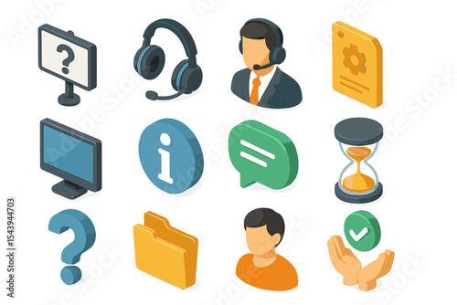 Isometric customer support icons with tech elements