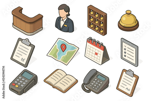 Hotel reception items and office equipment in isometric display
