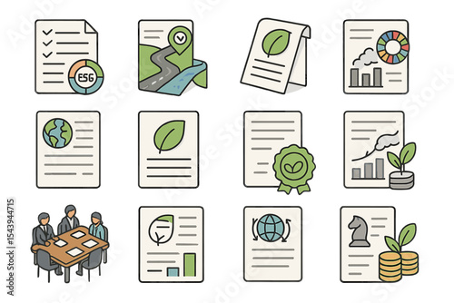 Environmental strategy icons set including reports, charts, and documents