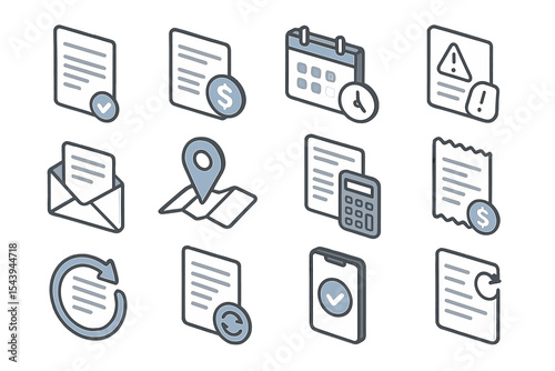 Financial and time management icons set on metallic background