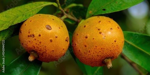 Close-up of two vibrant orange fruits, likely tropical, hanging from a leafy branch.