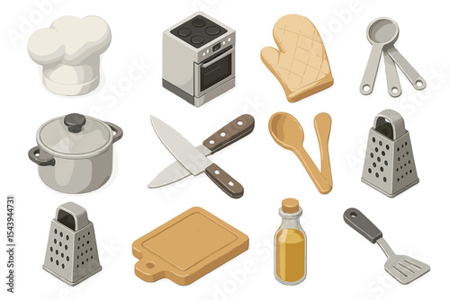 Isometric kitchen icons: utensils, appliances, and cooking accessories