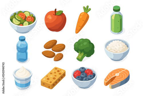 Colorful assortment of healthy foods including fruits, vegetables, nuts, and dairy