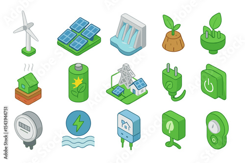 Renewable energy icons featuring solar, wind, hydroelectric, and eco-friendly symbols