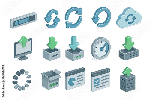 Cloud synchronization and data transfer icons in gradient 3d style