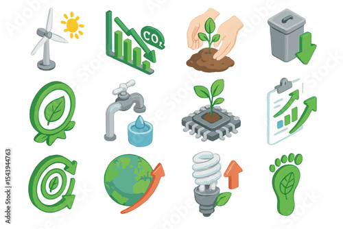 Eco-friendly icons: renewable energy, sustainability, conservation, environmental awareness