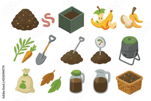 Composting essentials icons: tools, waste, soil, worms, leaves