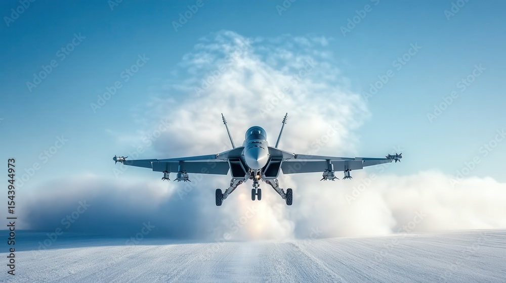 Obraz premium A stunning image of a fighter jet taking off against a backdrop of blue skies and white clouds, showcasing the power and speed of modern aviation technology.