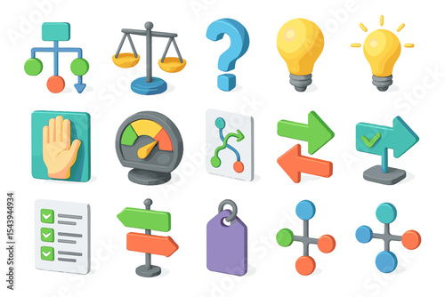 Colorful 3d icons of technology and business with symbolic elements