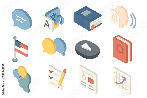 Isometric communication and education icons with speech bubbles and books