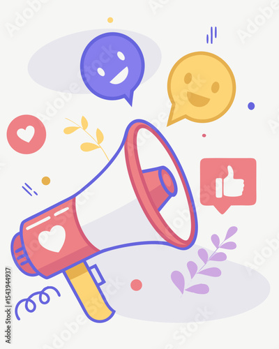 Colorful Social Media Megaphone – Digital Engagement Illustration with Smileys and Likes