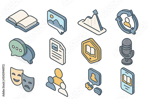 Isometric icons set: book, graph, communication, mask, microphone, smartphone