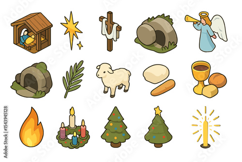 Christmas and easter symbols collection including nativity and crucifix