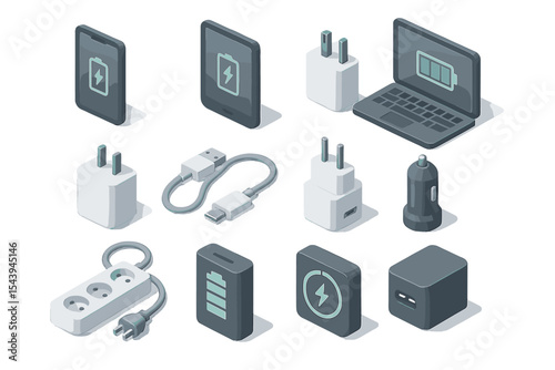 Isometric electronic devices and chargers illustration with usb cables and adapters