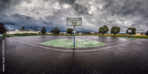 A basketball court under a brooding sky, suggesting a heavy rainstorm.
