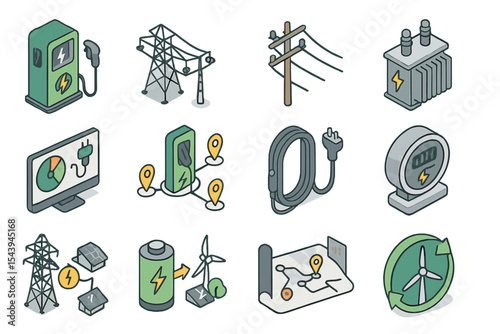 Icons depicting renewable energy and electrical infrastructure elements