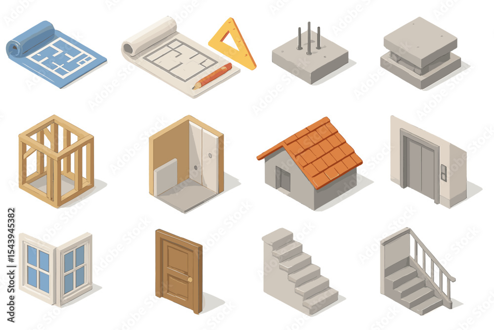 Isometric construction icons: plans, tools, structures, and building elements