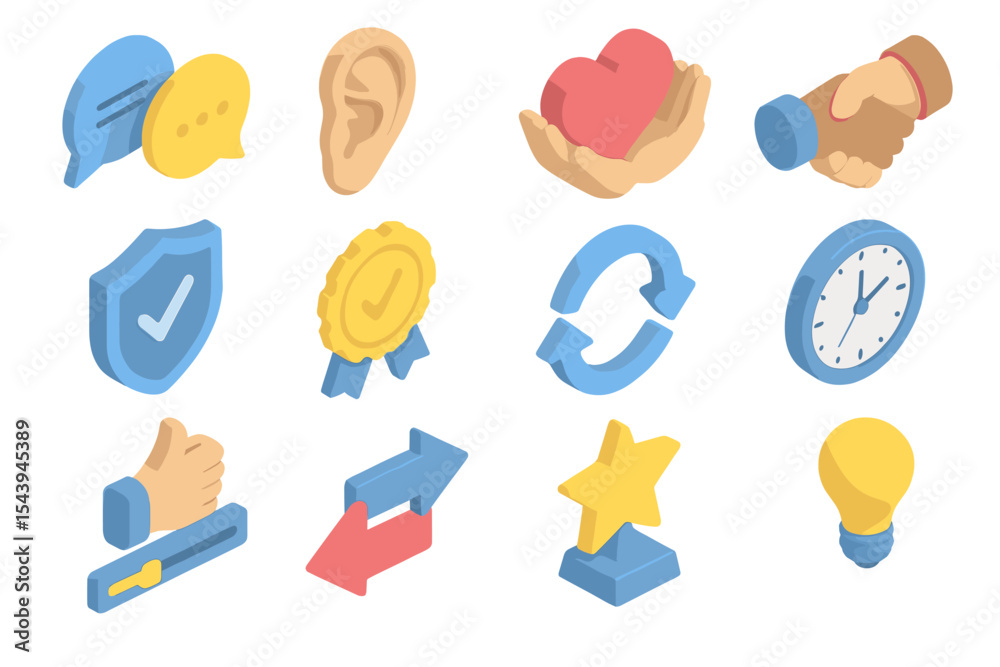 Fototapeta premium Colorful 3d icons representing communication, support, and feedback themes