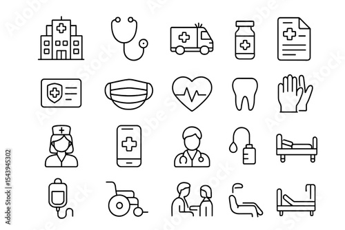 Medical icon set featuring hospital, stethoscope, ambulance, medicine, and mask