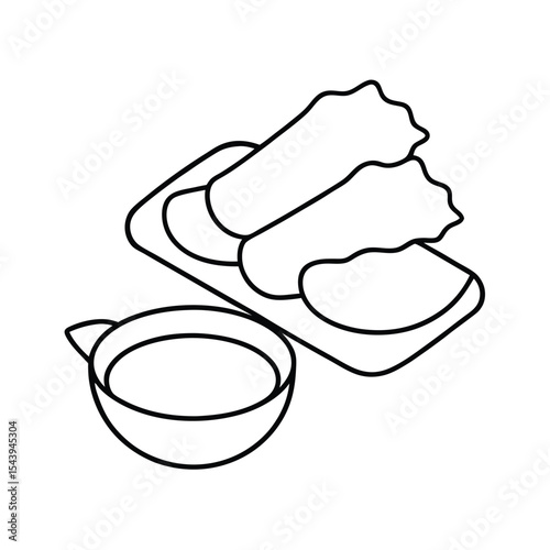 Spring rolls with dipping sauce in outline drawing Vector illustration