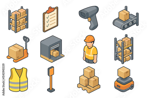 Isometric warehouse icons: worker, boxes, conveyor, forklift, scanner