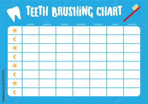 Monthly teeth brushing chart. For printing. Vector. Blue background.