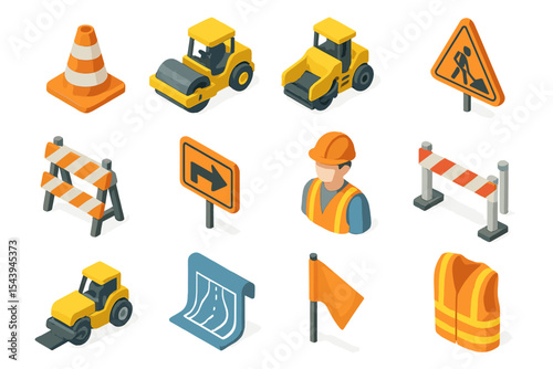Construction equipment and safety icons with worker gear and traffic signs