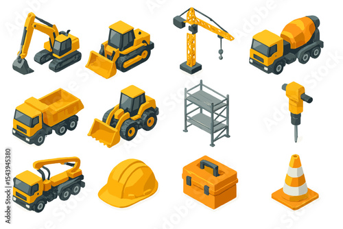 Construction equipment icons set on yellow background