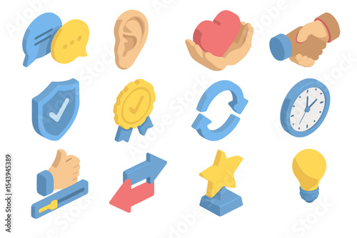 Colorful 3d icons representing communication, support, and feedback themes