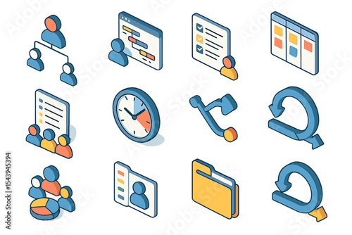 Isometric business icons depicting workflow, teamwork, and project management