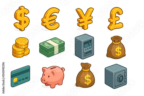 Currency symbols and banking icons: dollar, euro, yen, coins, cash, atm, piggy bank