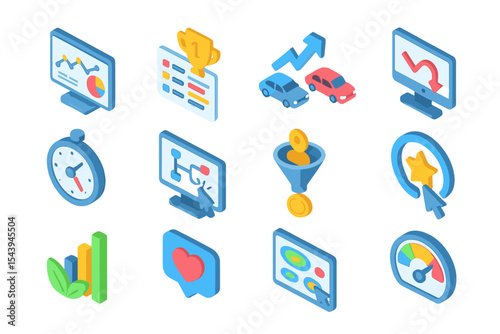 Isometric digital marketing and analytics icons set in neon colors