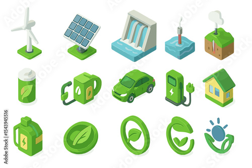 Sustainable energy icons including solar, wind, and electric vehicles