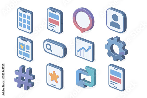 Isometric digital icons set: apps, messages, analytics, profile, settings