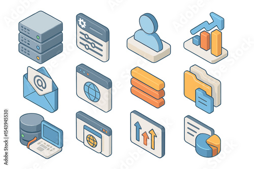 Isometric technology icons set: email, database, charts, web, user profile, files