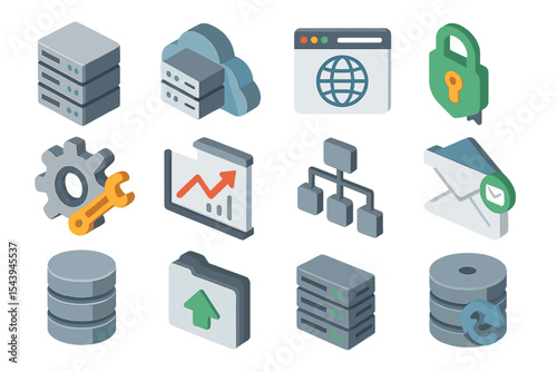 Isometric icons depicting cloud data, analytics, security, and network management