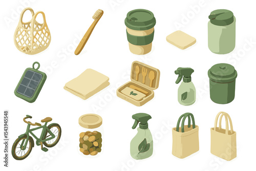 Eco-friendly products set with reusable items and green alternatives