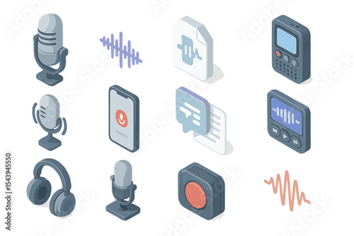 Audio equipment icons: microphone, headphones, sound waves, and more