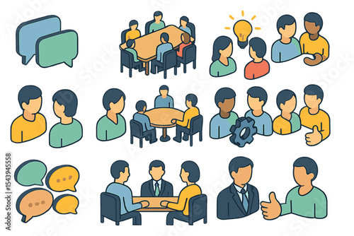 Business meeting concepts and team discussions in office setting